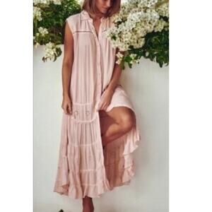 Free People Pretty Cozy Embroidered Flowy Maxi Smock Dress Blush Pink-S-Boho